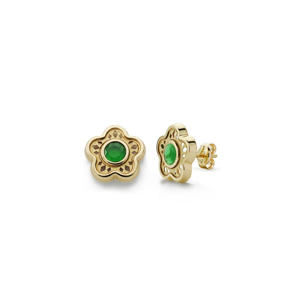 9K PENDIENTES ORO AMARILLO ESTRELLA CALADA PIEDRA COLOR VERDE CIERRE PRESION