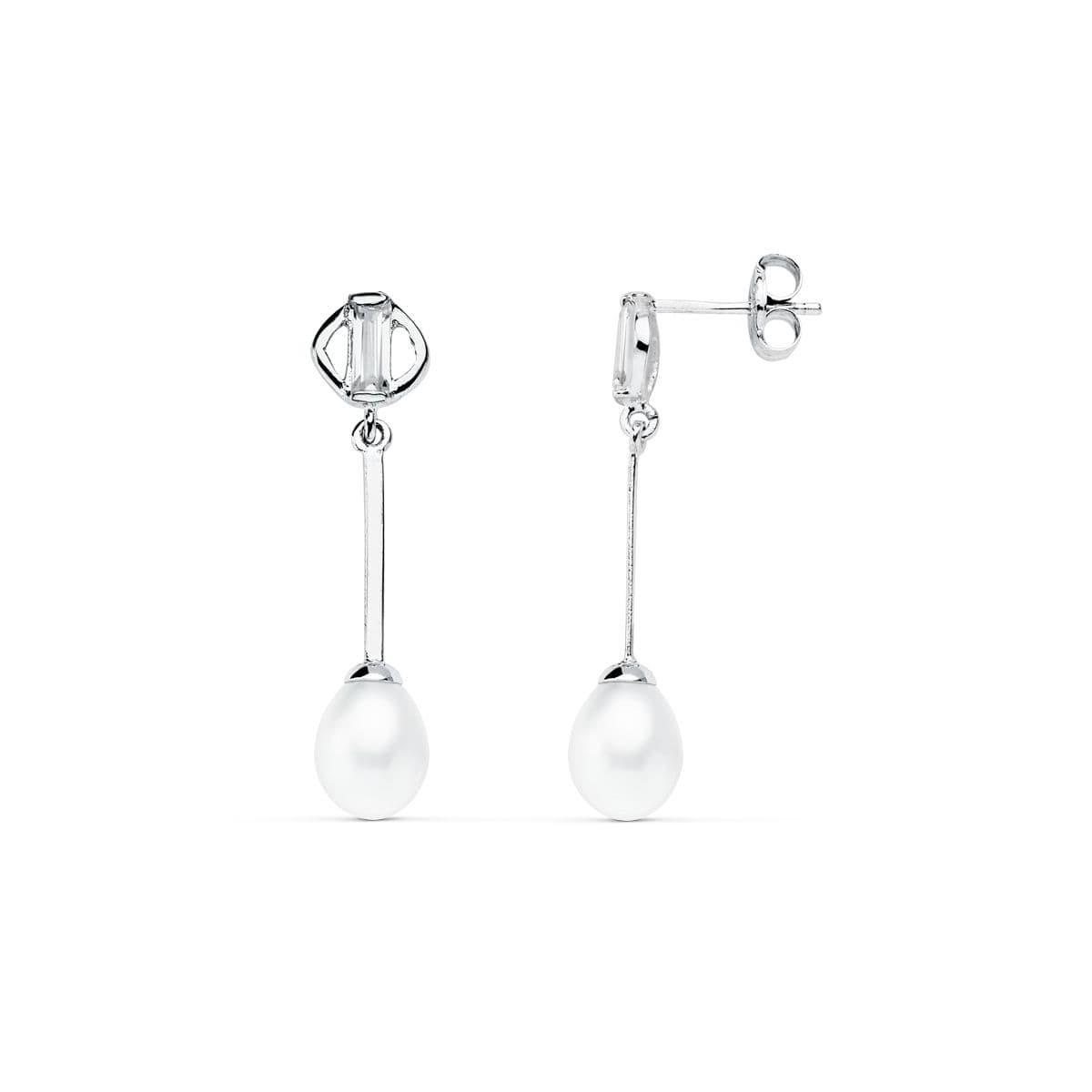 9K PENDIENTES LARGOS ORO BLANCO PERLA CIERRE PRESION