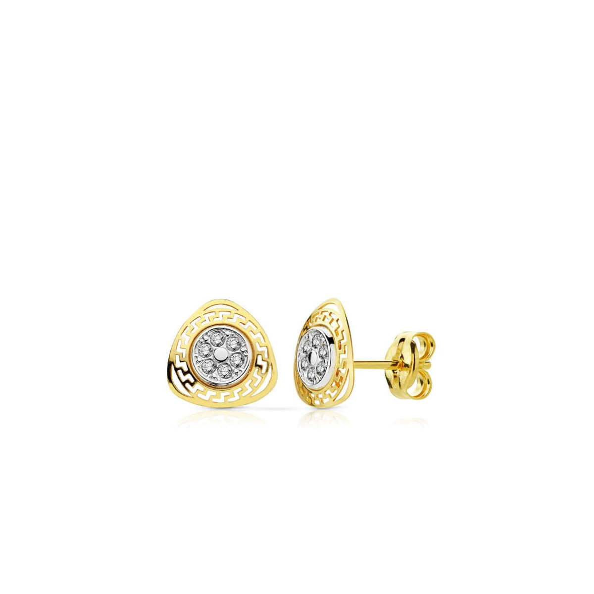 9K PENDIENTES ORO BICOLOR TRIANGULO CALADO GRECA CON CIRCONITAS. 8 X 8 MM