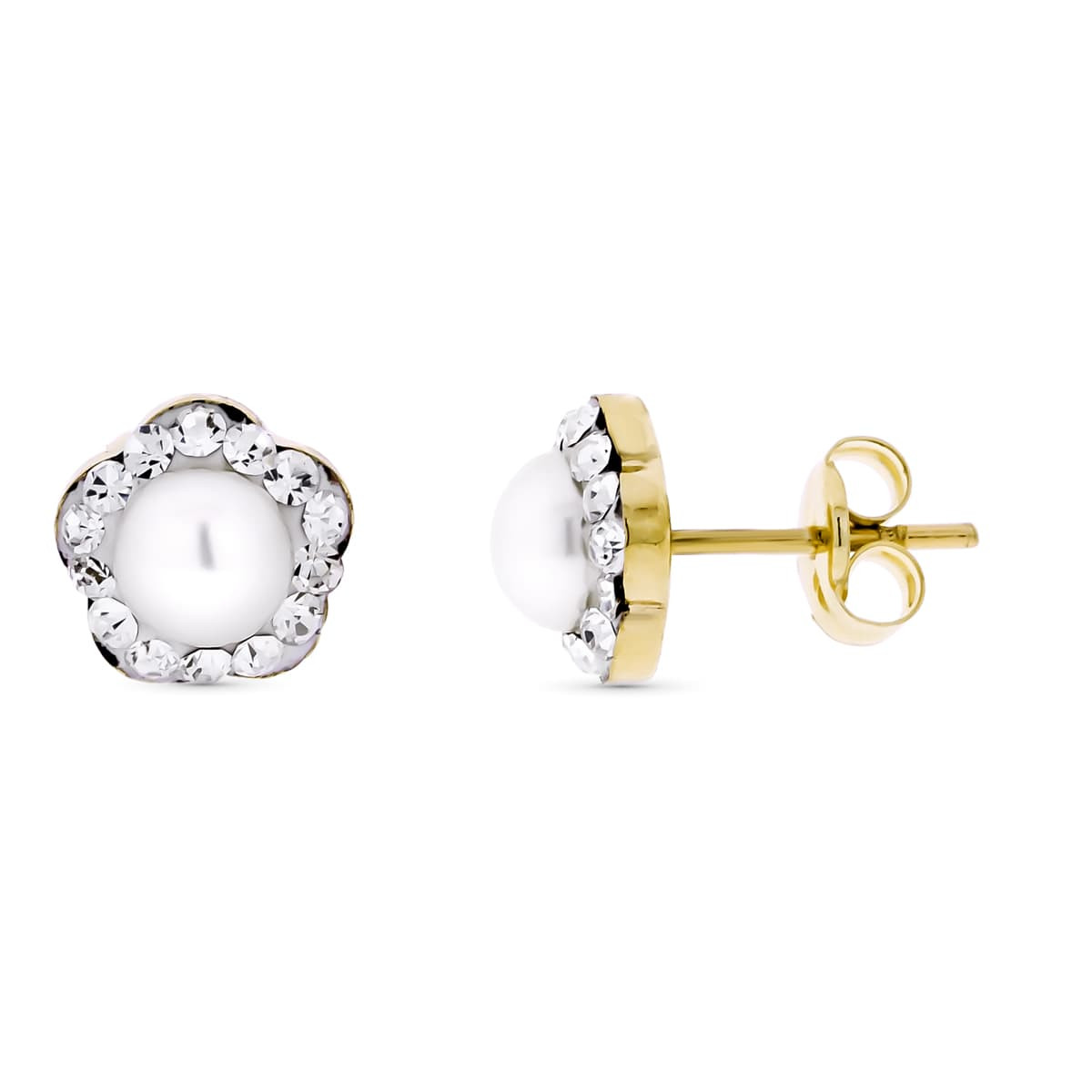 9K PENDIENTES ORO AMARILLO FLOR CON CIRCONITAS Y PERLA 5 MM. MEDIDA: 7X7 MM. CIERRE PRESION
