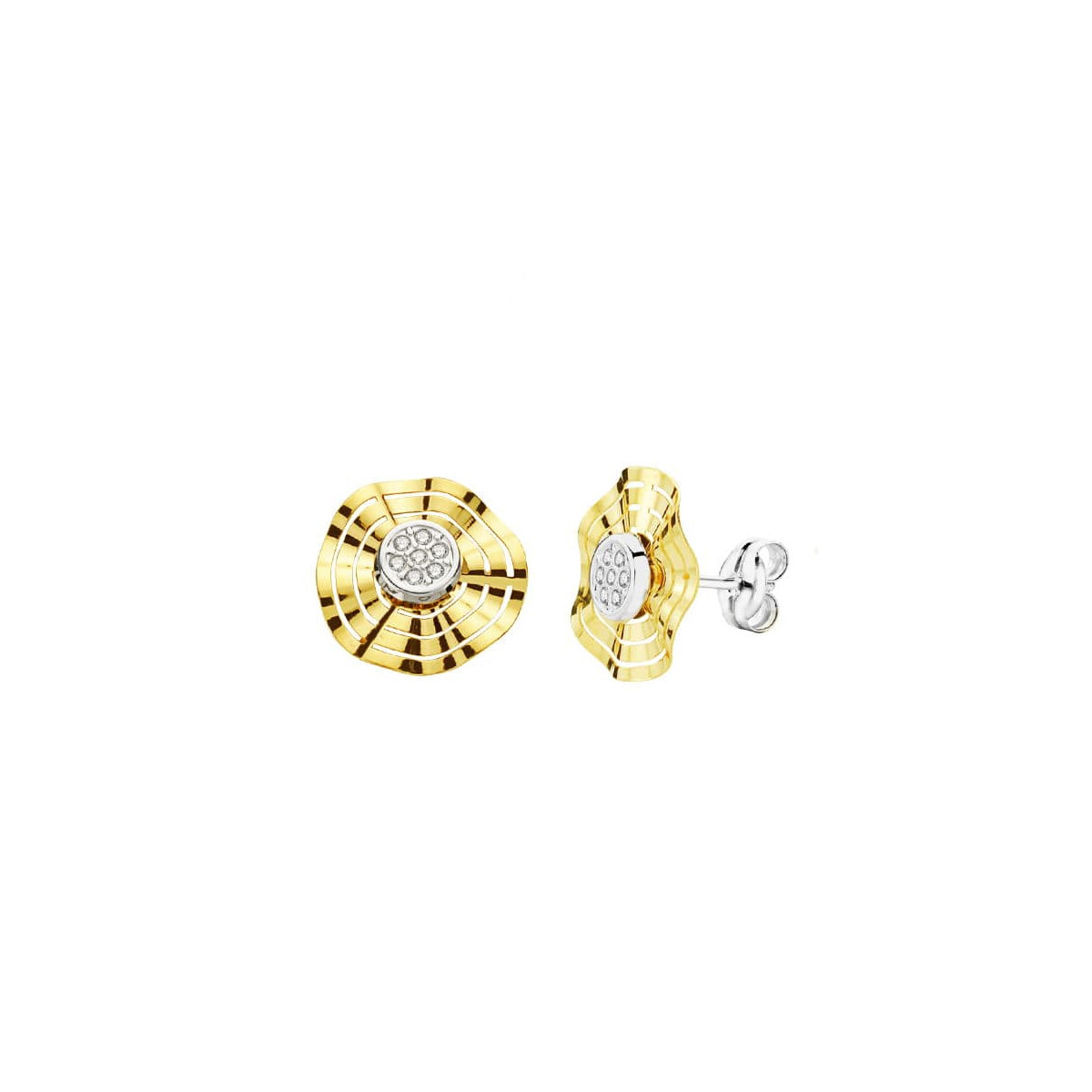 9K PENDIENTES ORO BICOLOR CALADOS CIRCONITA 10 MM CIERRE PRESION