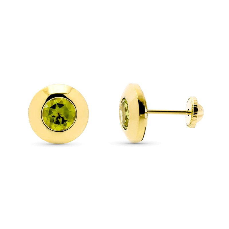 9K PENDIENTES ORO AMARILLO CHATON CON OLIVINA NATURAL 5 MM - 1,14 QTS. ANCHO: 7 MM CIERRE TUERCA
