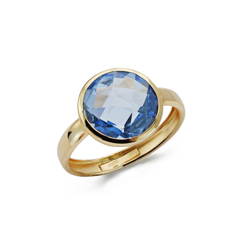 9K SORTIJA ORO AMARILLO CON CIRCONITA AZUL EN BOCEL. ANCHO: 12 MM