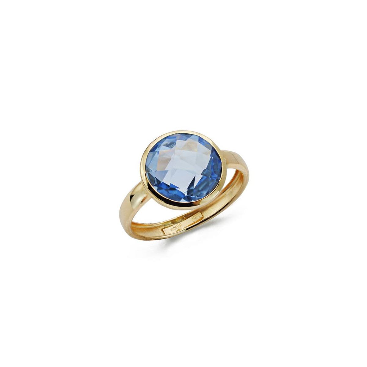 9K SORTIJA ORO AMARILLO CON CIRCONITA AZUL EN BOCEL. ANCHO: 12 MM