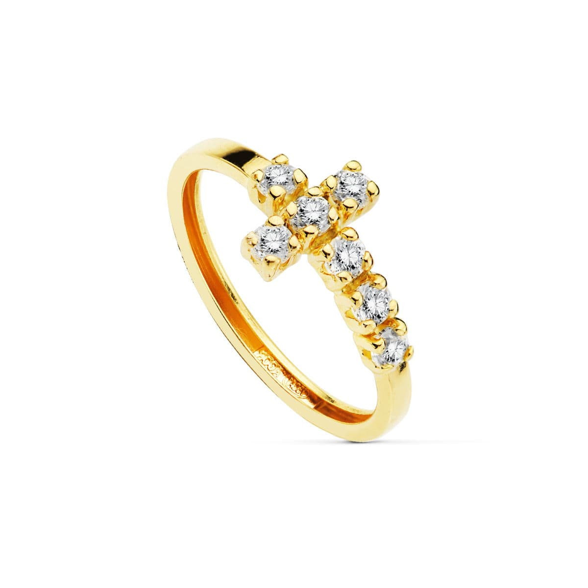 9K SORTIJA ORO AMARILLO CRUZ CON CIRCONITAS. ANCHO: 14 MM