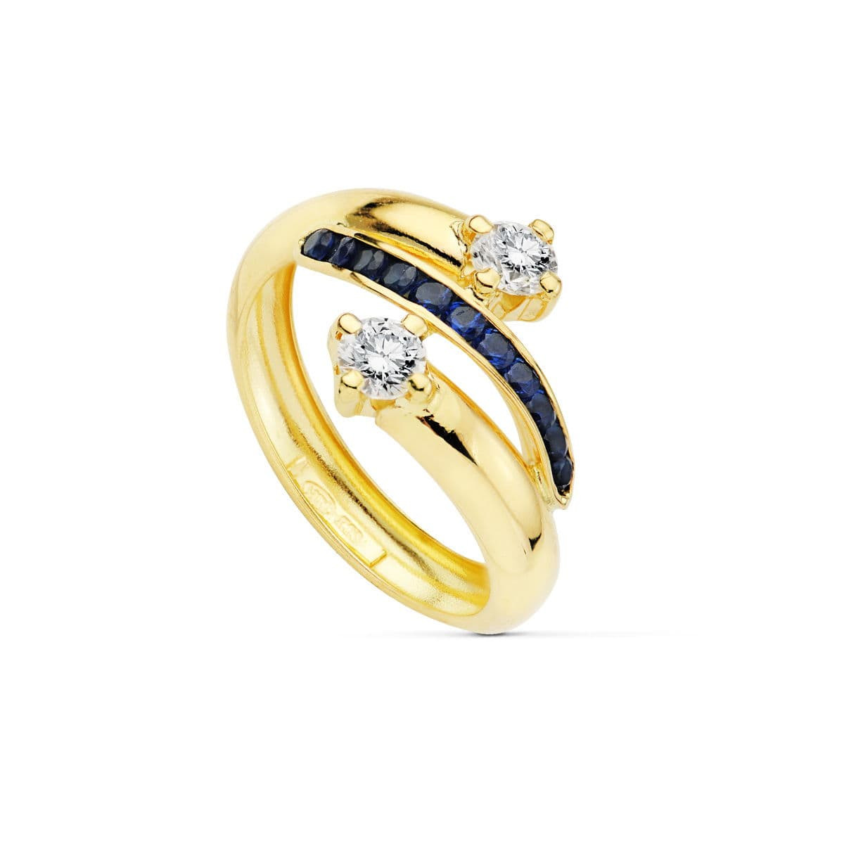9K SORTIJA ORO AMARILLO BANDAS CON CIRCONITAS AZULES Y BLANCAS. ANCHO: 14 MM