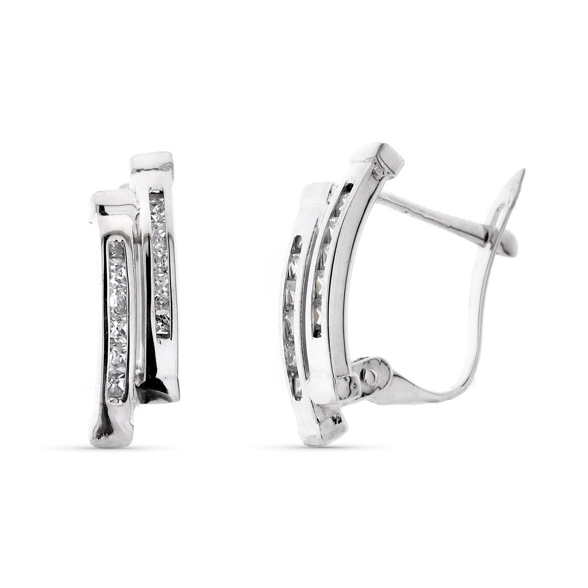 9K PENDIENTES ORO BLANCO BANDAS CON CIRCONITA 15X5 MM CIERRE CATALAN