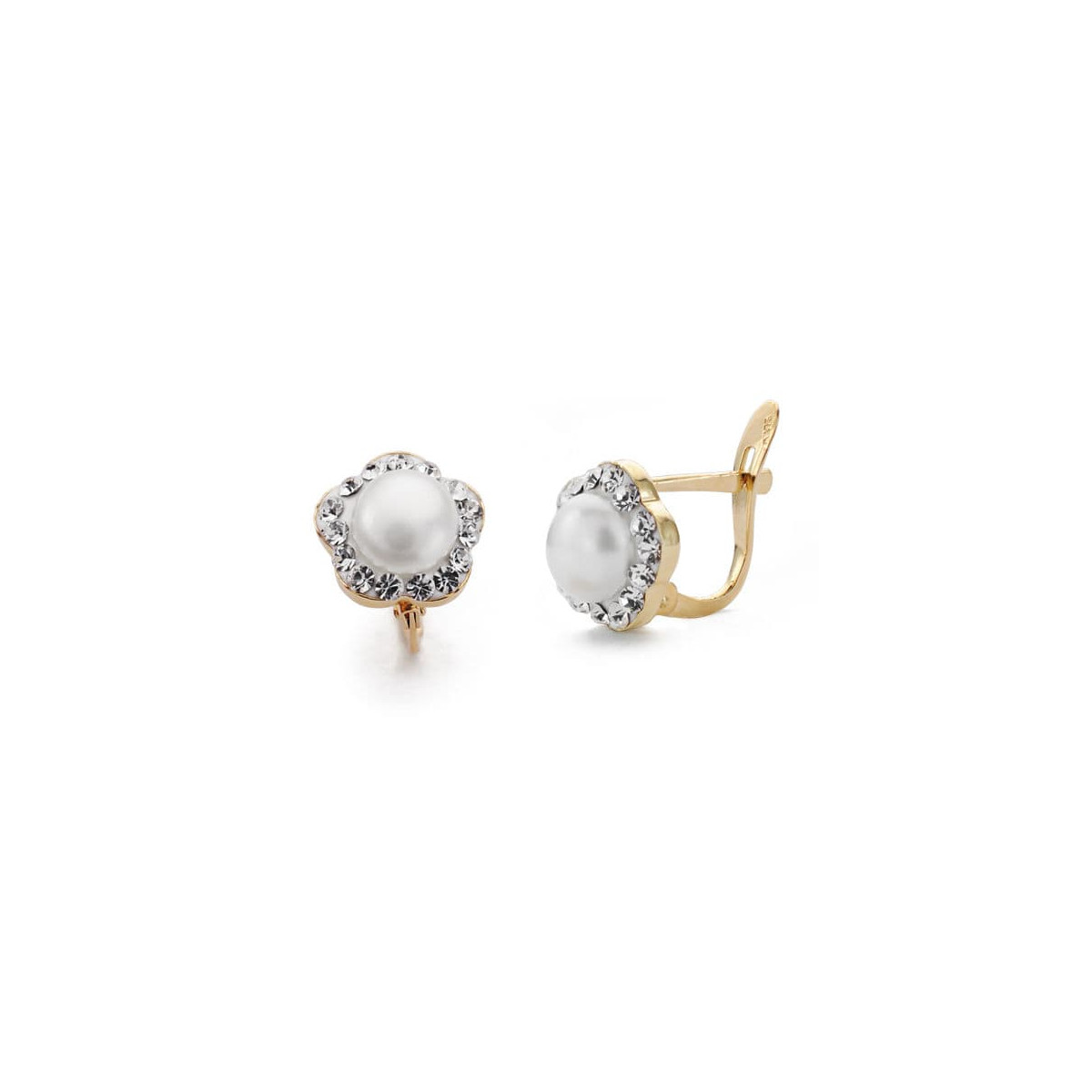 9K PENDIENTES ORO BICOLOR FLOR PERLA 9X9 MM CIERRE CATALAN