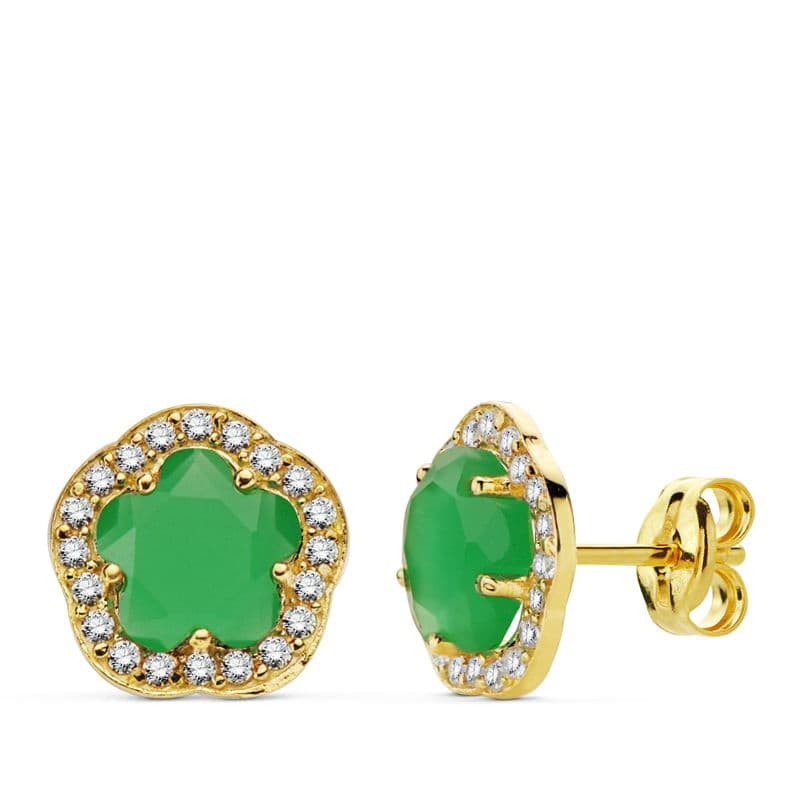 9K PENDIENTES ORO AMARILLO ESTRELLA 9 MM PIEDRA COLOR VERDE CIERRE PRESION