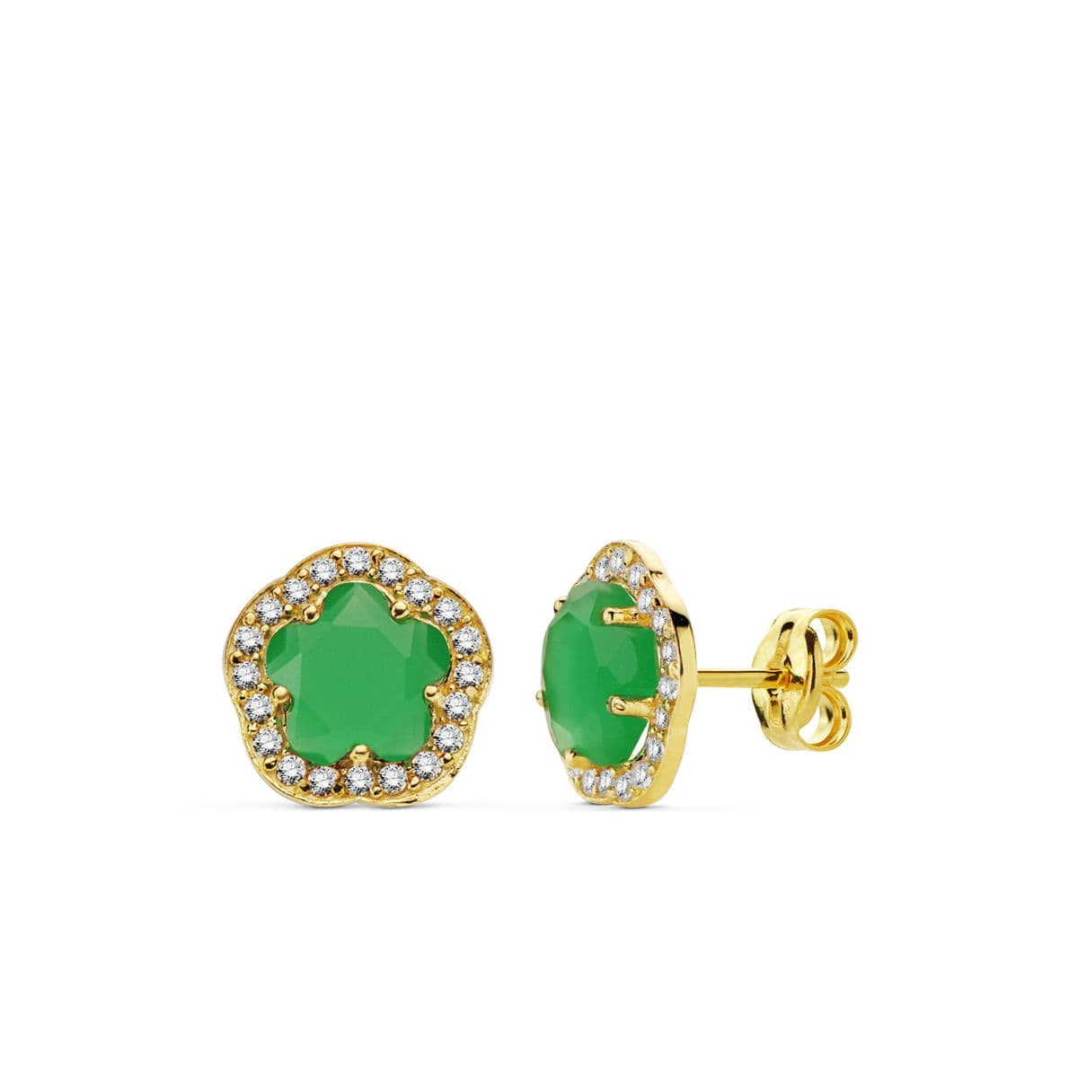 9K PENDIENTES ORO AMARILLO ESTRELLA 9 MM PIEDRA COLOR VERDE CIERRE PRESION