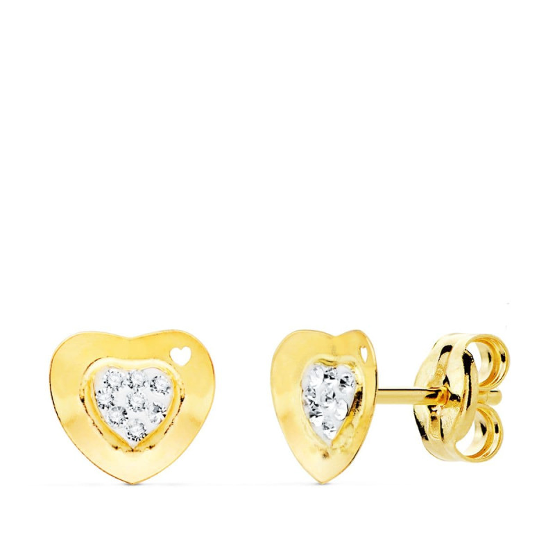 9K PENDIENTES ORO AMARILLO COMUNION CORAZON Y CIRCONITA 7X7 MM PRESION