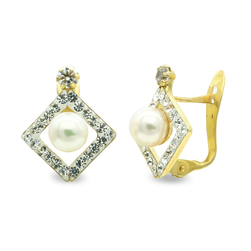 9K PENDIENTES ORO AMARILLO PERLA 4.5MM Y CIRCONITA CIERRE CATALAN