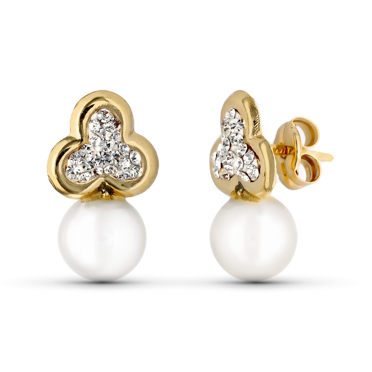 9K PENDIENTES COMUNION ORO AMARILLO TREBOL Y PERLA CULTIVADA 14X8 MM PRESION