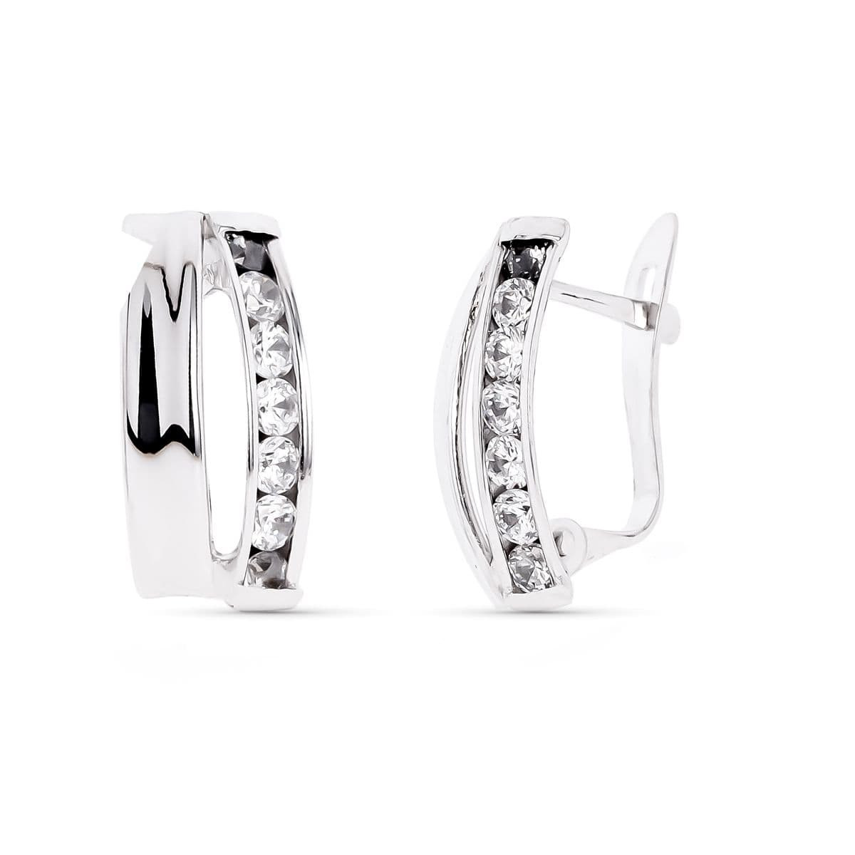 9K PENDIENTES ORO BLANCO BANDAS CON CIRCONITA 14X7 MM CIERRE CATALAN