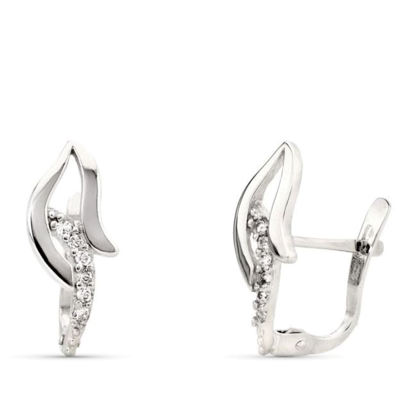 9K PENDIENTES ORO BLANCO BANDAS CON CIRCONITA 15X7 MM CIERRE CATALAN