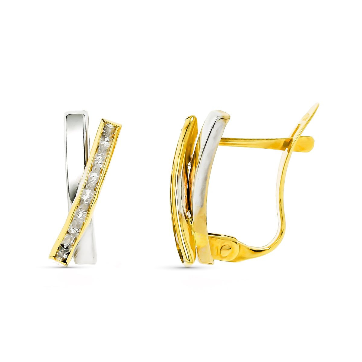 9K PENDIENTES ORO BICOLOR BANDAS CON CIRCONITA 12X6 MM CIERRE CATALAN