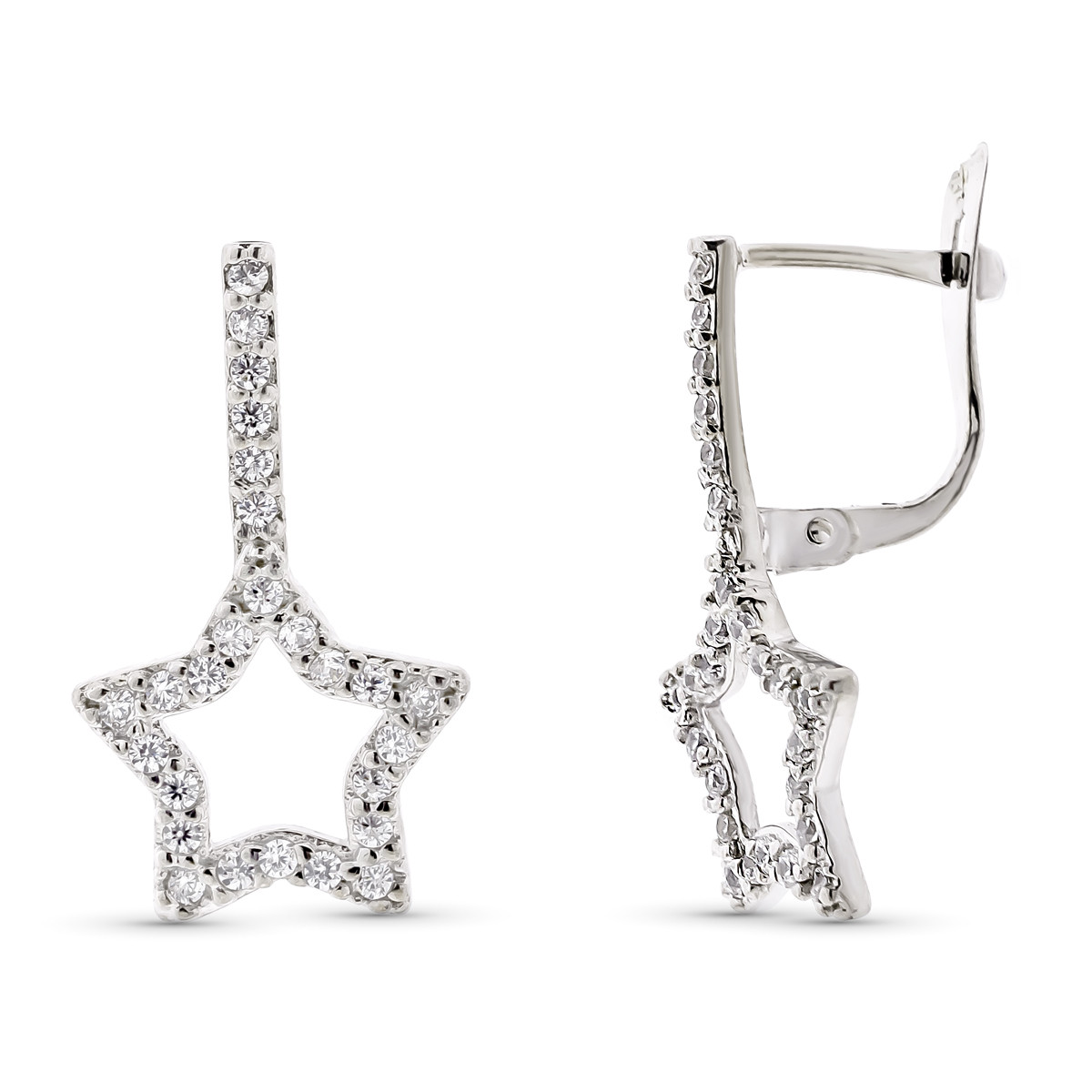 9K PENDIENTES ORO BLANCO DOBLE CUERPO ESTRELLA 20X12 MM CIERRE CATALAN