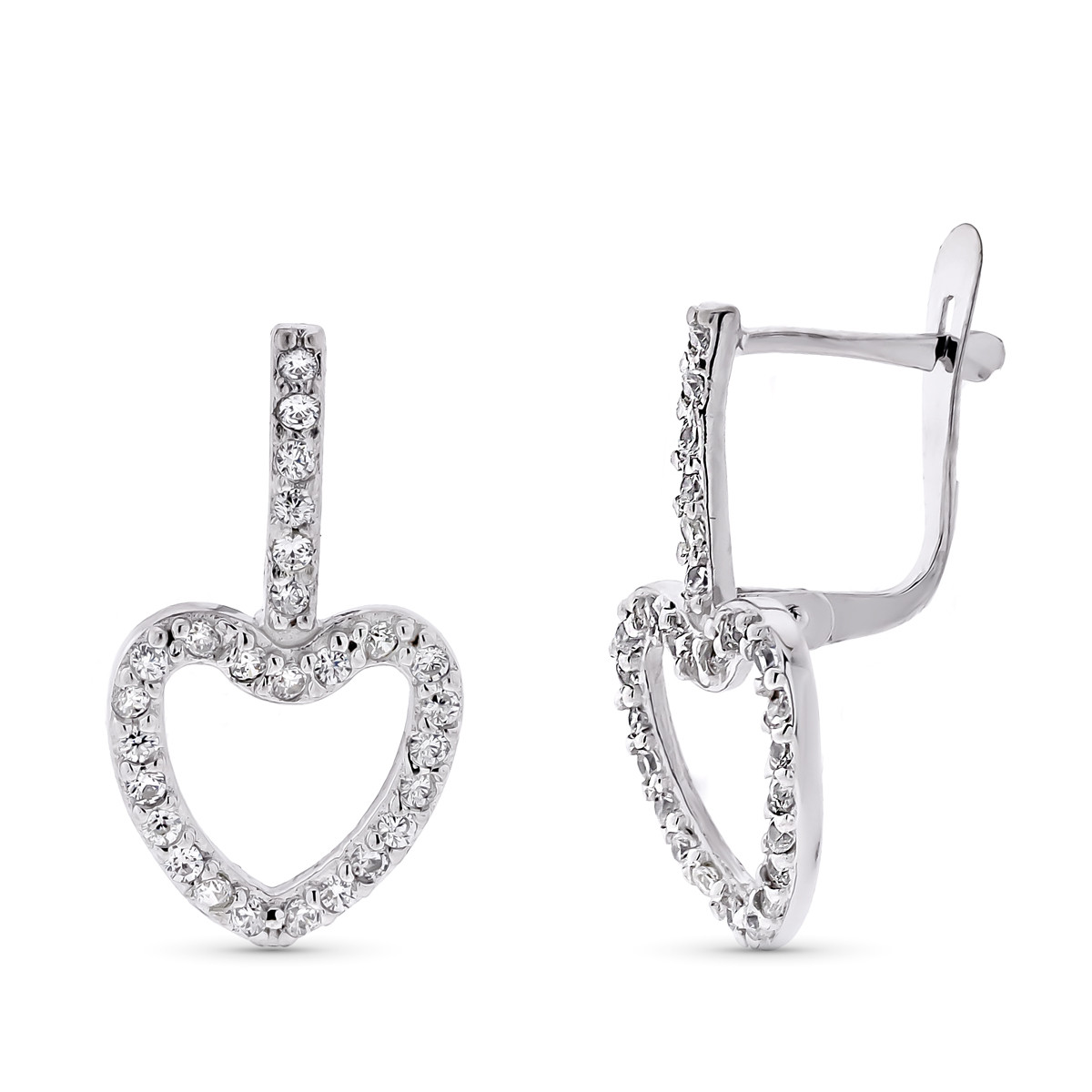 9K PENDIENTES ORO BLANCO DOS CUERPOS CORAZON CIRCONITA 20X10 MM CIERRE CATALAN