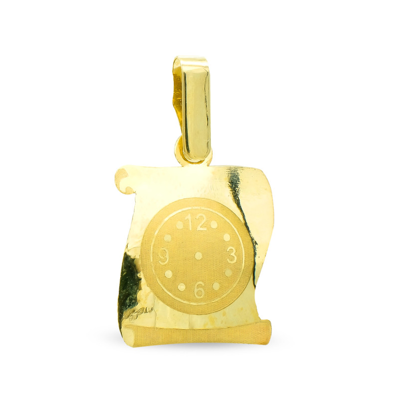 9K COLGANTE PERGAMINO ORO AMARILLO RELOJ LASER 16X12 MM