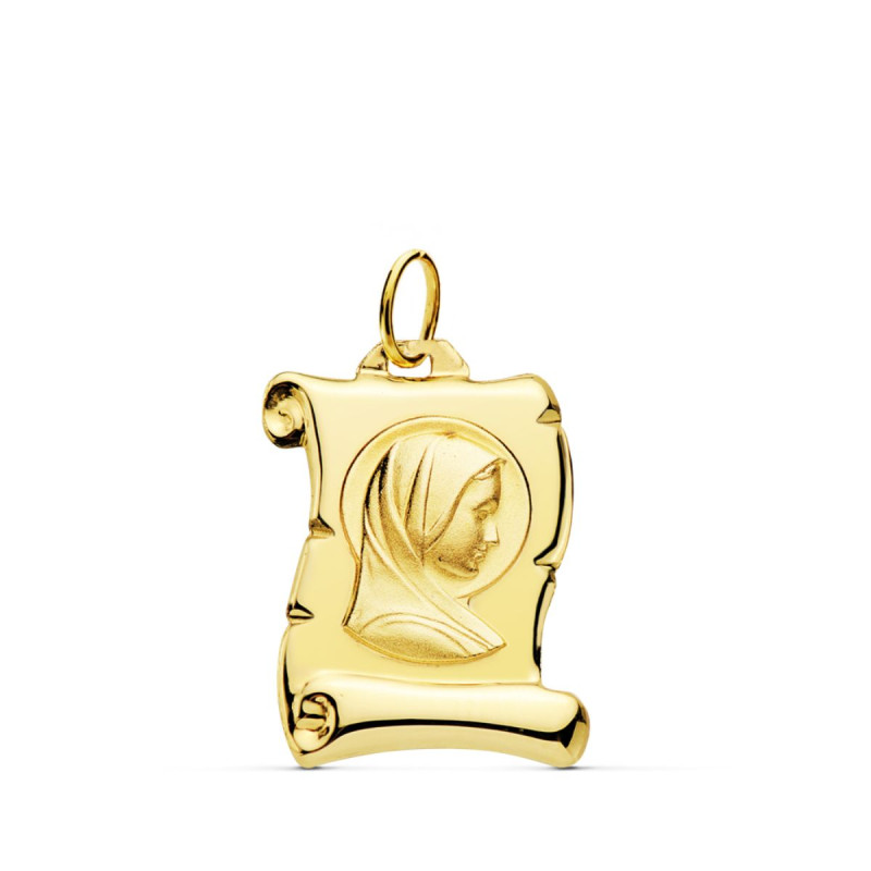 9K COLGANTE PERGAMINO ORO AMARILLO VIRGEN NIÑA 18X12 MM