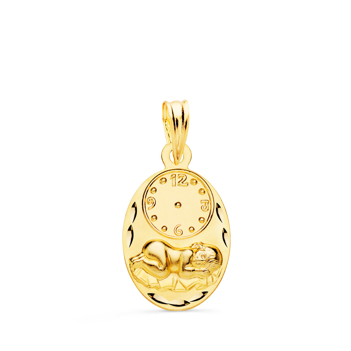 9K MEDALLA ORO AMARILLO OVAL NIÑO DE LA HORA CON RELOJ TALLADA 19X12 MM