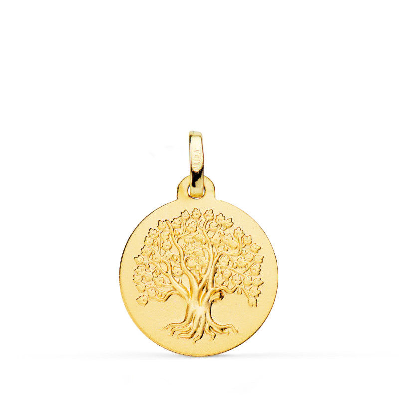 9K MEDALLA ORO AMARILLO ARBOL DE LA VIDA MATIZADA 18 MM