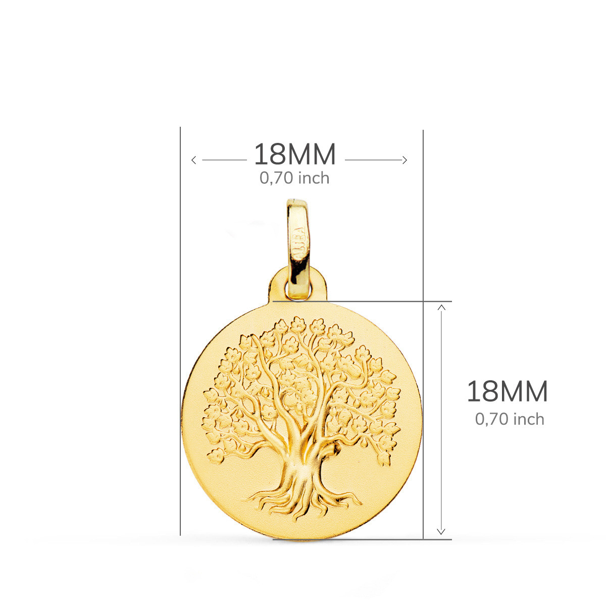 9K MEDALLA ORO AMARILLO ARBOL DE LA VIDA MATIZADA 18 MM