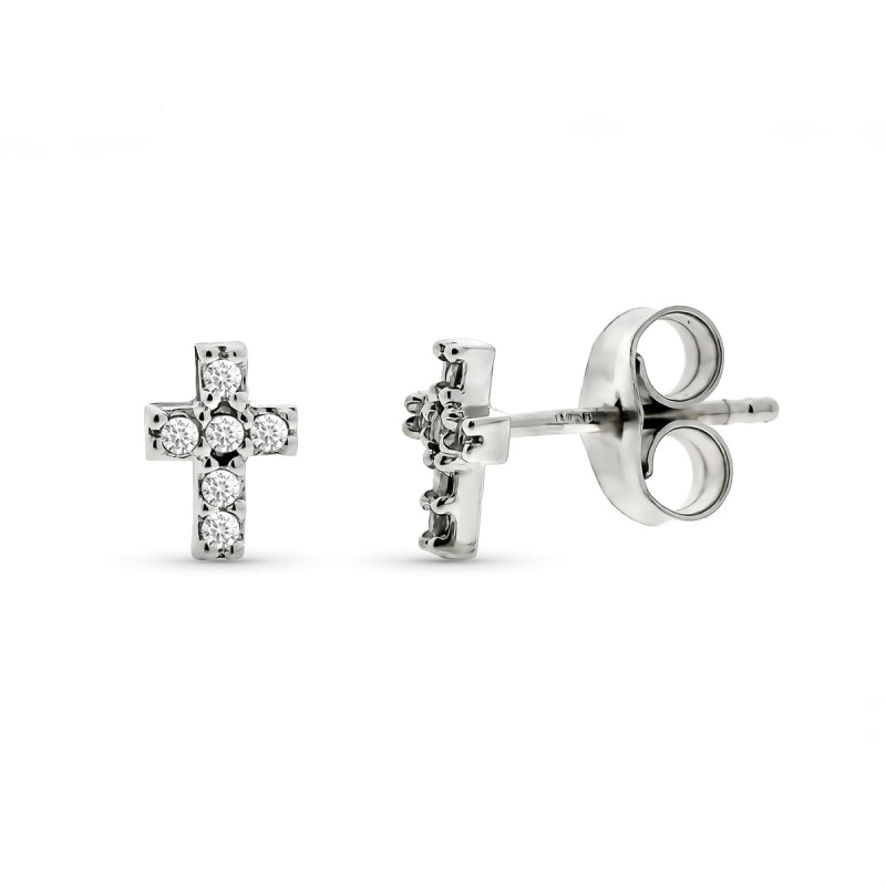 9k PENDIENTES ORO BLANCO CRUZ DIAMANTES 0.06 CTS SI-H 6X4 MM PRESION