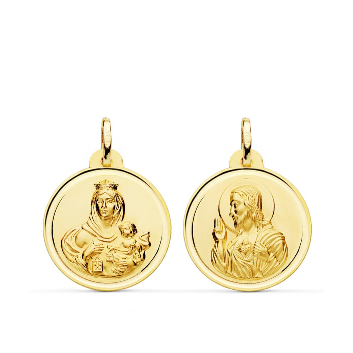 9K ESCAPULARIO ORO AMARILLO VIRGEN DEL CARMEN CORAZON DE JESUS BISEL 22 MM