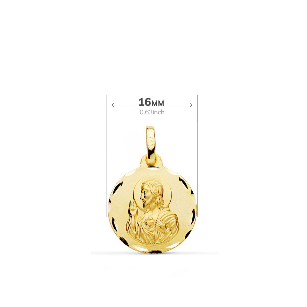 9K ESCAPULARIO ORO AMARILLO TALLADO VIRGEN DEL CARMEN CORAZON DE JESUS 16 MM