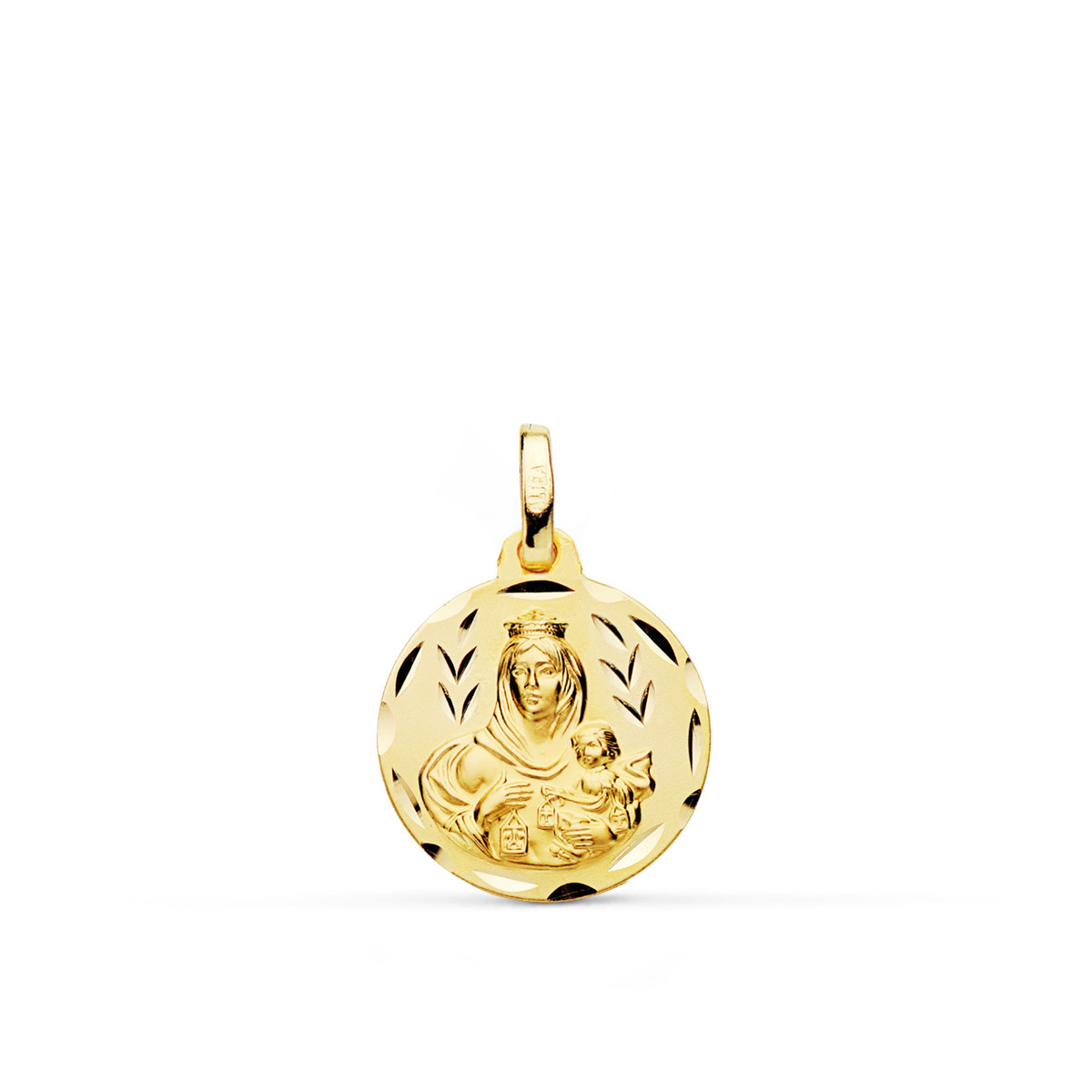 9K ESCAPULARIO ORO AMARILLO TALLADO VIRGEN DEL CARMEN CORAZON DE JESUS 16 MM