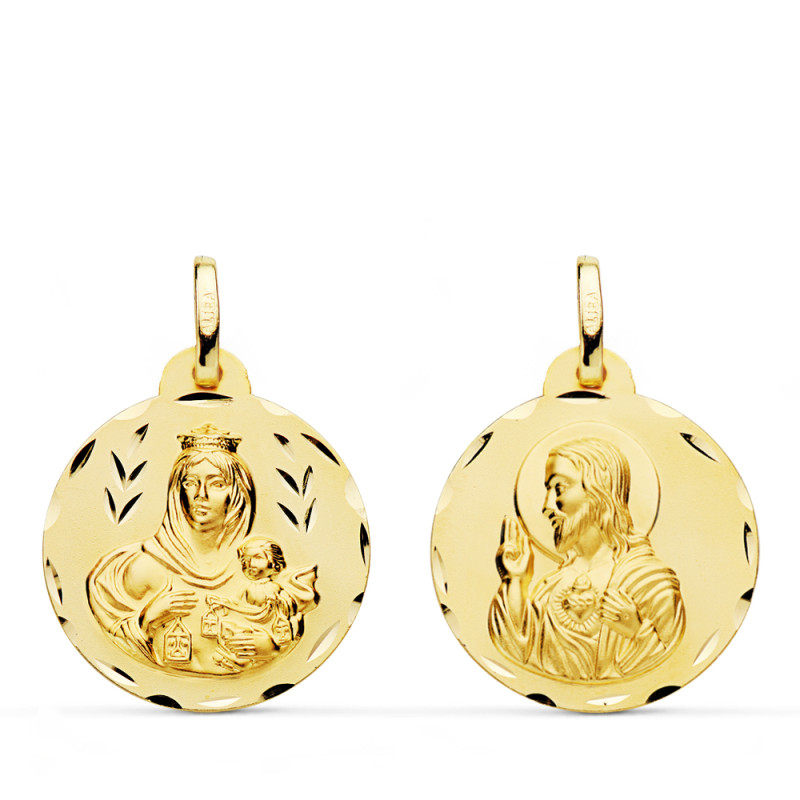 9K ESCAPULARIO ORO AMARILLO TALLADO VIRGEN DEL CARMEN Y CORAZON DE JESUS 20 MM