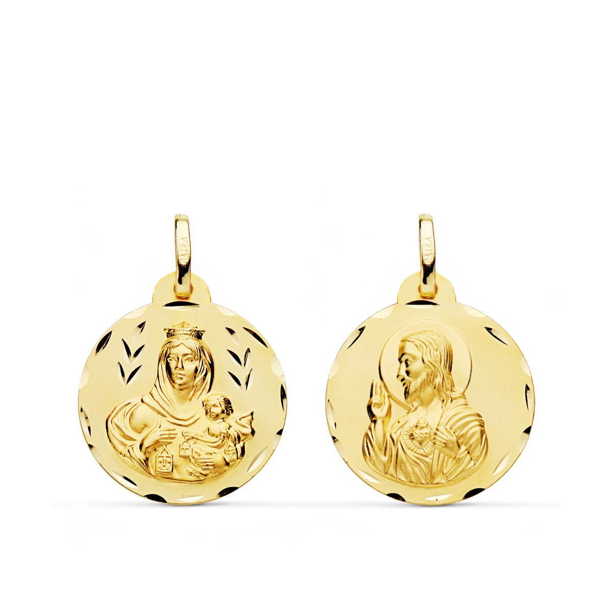 9K ESCAPULARIO ORO AMARILLO TALLADO VIRGEN DEL CARMEN Y CORAZON DE JESUS 20 MM