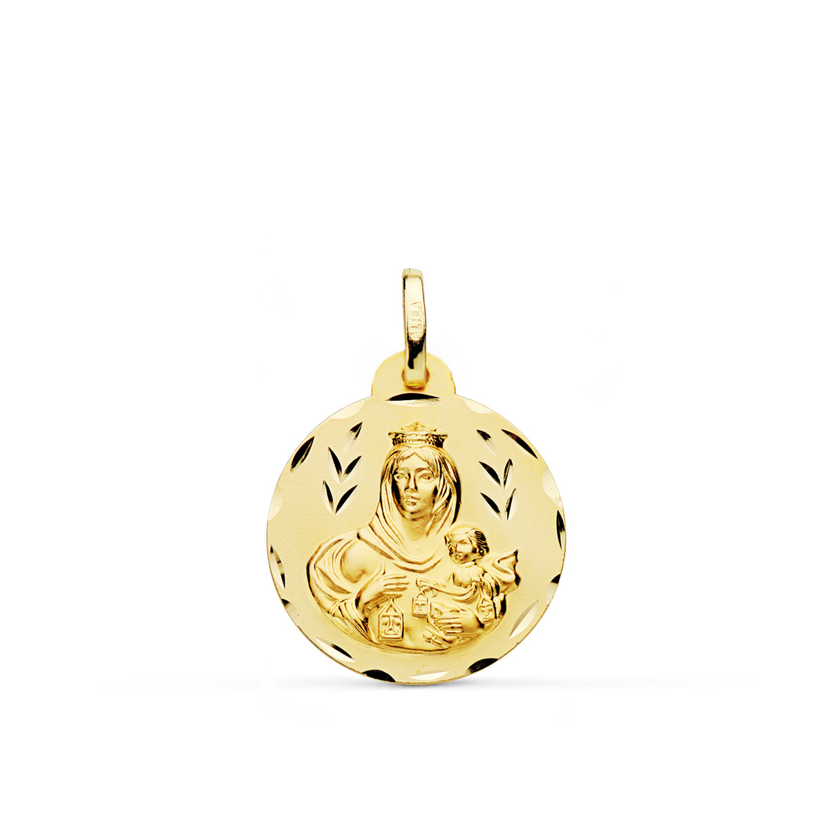 9K ESCAPULARIO ORO AMARILLO TALLADO VIRGEN DEL CARMEN Y CORAZON DE JESUS 20 MM