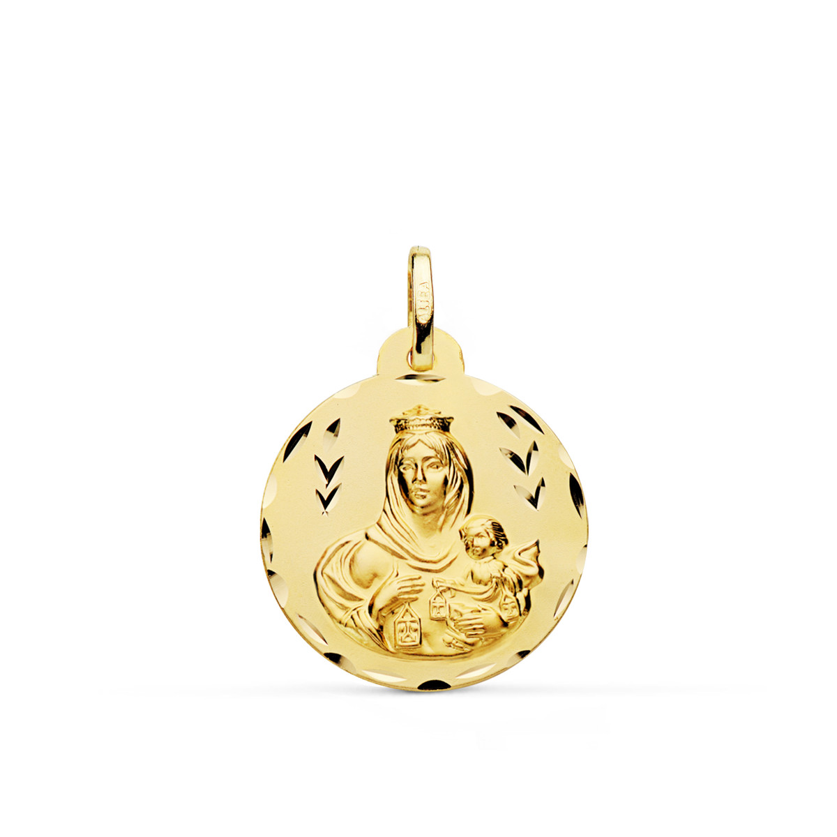 9K ESCAPULARIO ORO AMARILLO TALLADO VIRGEN DEL CARMEN Y CORAZON DE JESUS 22 MM