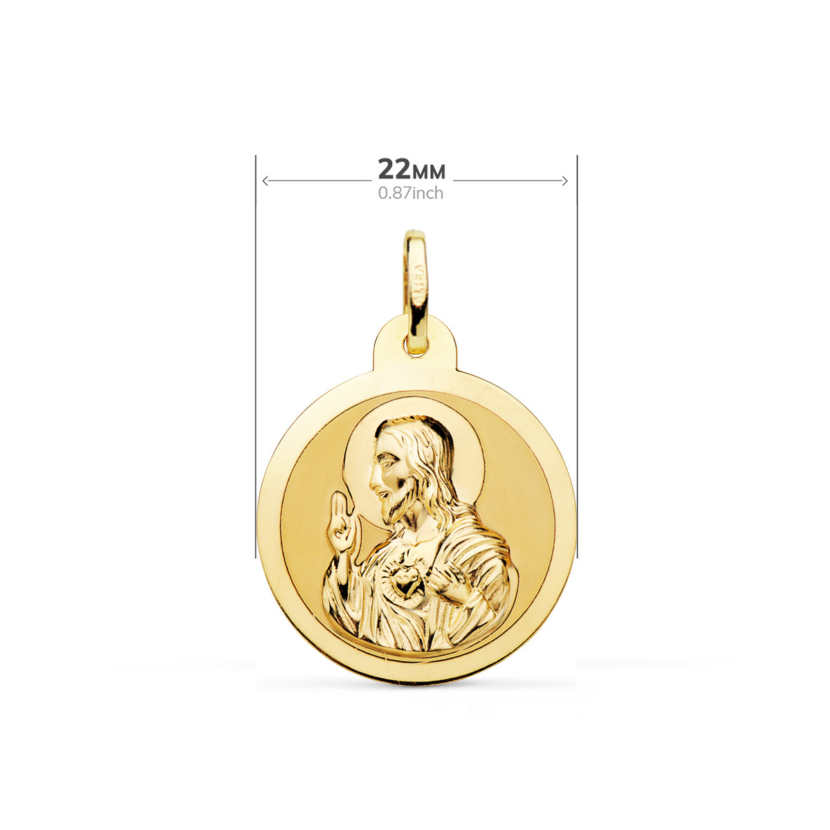 9K ESCAPULARIO ORO AMARILLO BRILLO VIRGEN DEL CARMEN Y CORAZON DE JESUS 22 MM