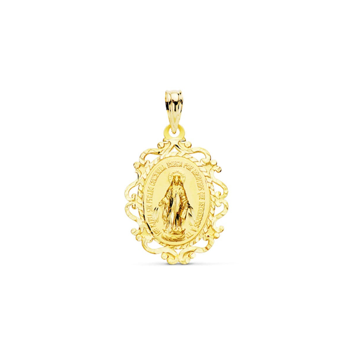 9K MEDALLA ORO AMARILLO VIRGEN DE LA MILAGROSA CERCO EN ESPAÑOL 23X16 MM 1.15GR