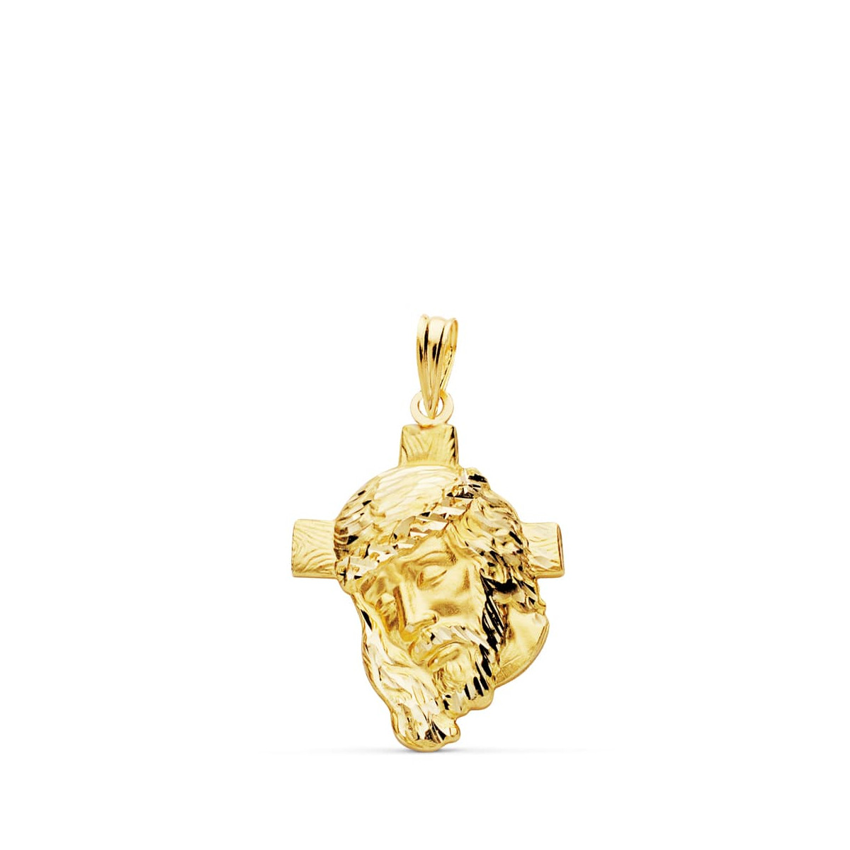 9K COLGANTE COLGANTE ORO AMARILLO CABEZA DE CRISTO  CON CRUZ. 26X18 MM