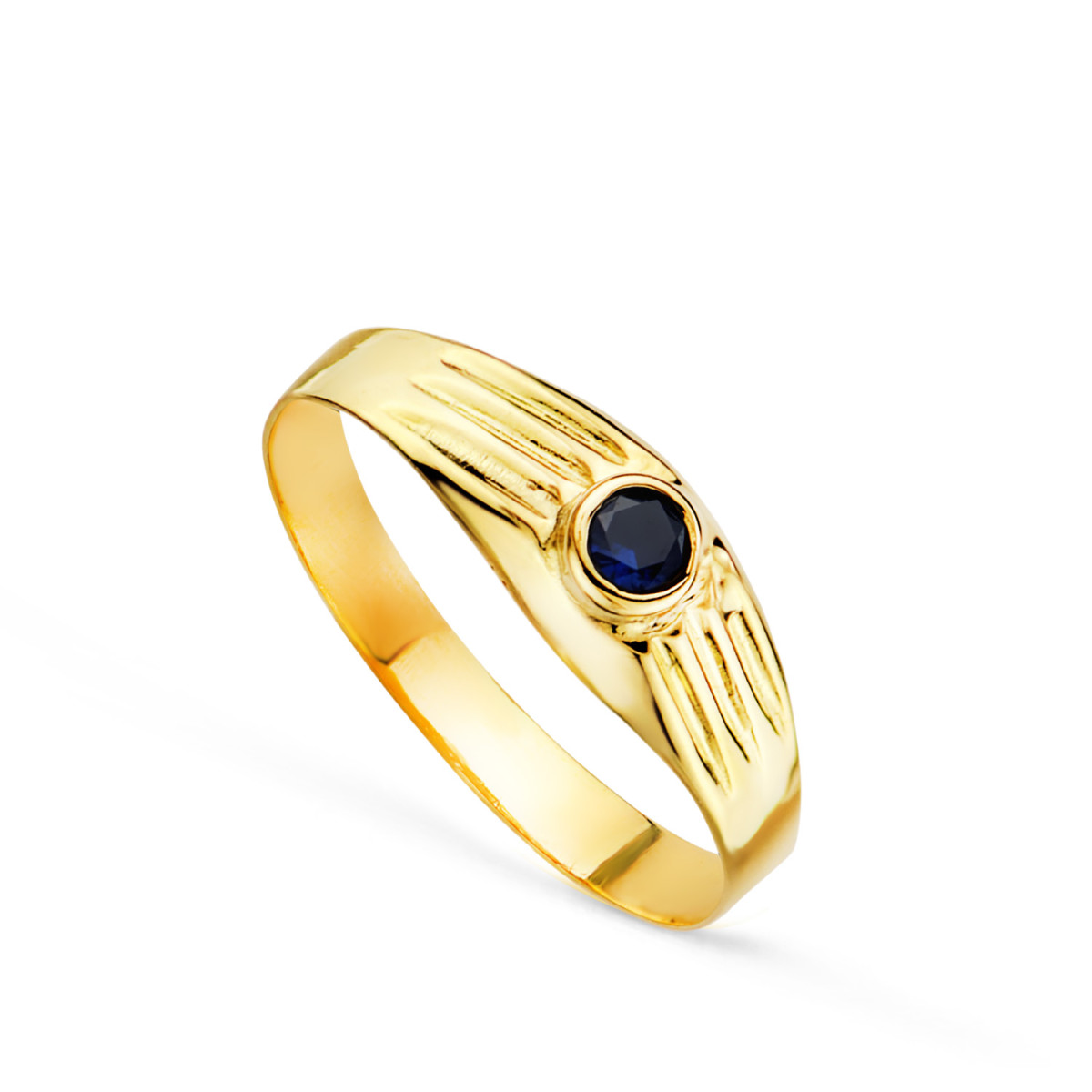 18K SOLITARIO ORO AMARILLO HUECO DE BEBE O MEÑIQUE CIRCONITA AZUL 3MM LATERAL GALLONEADO