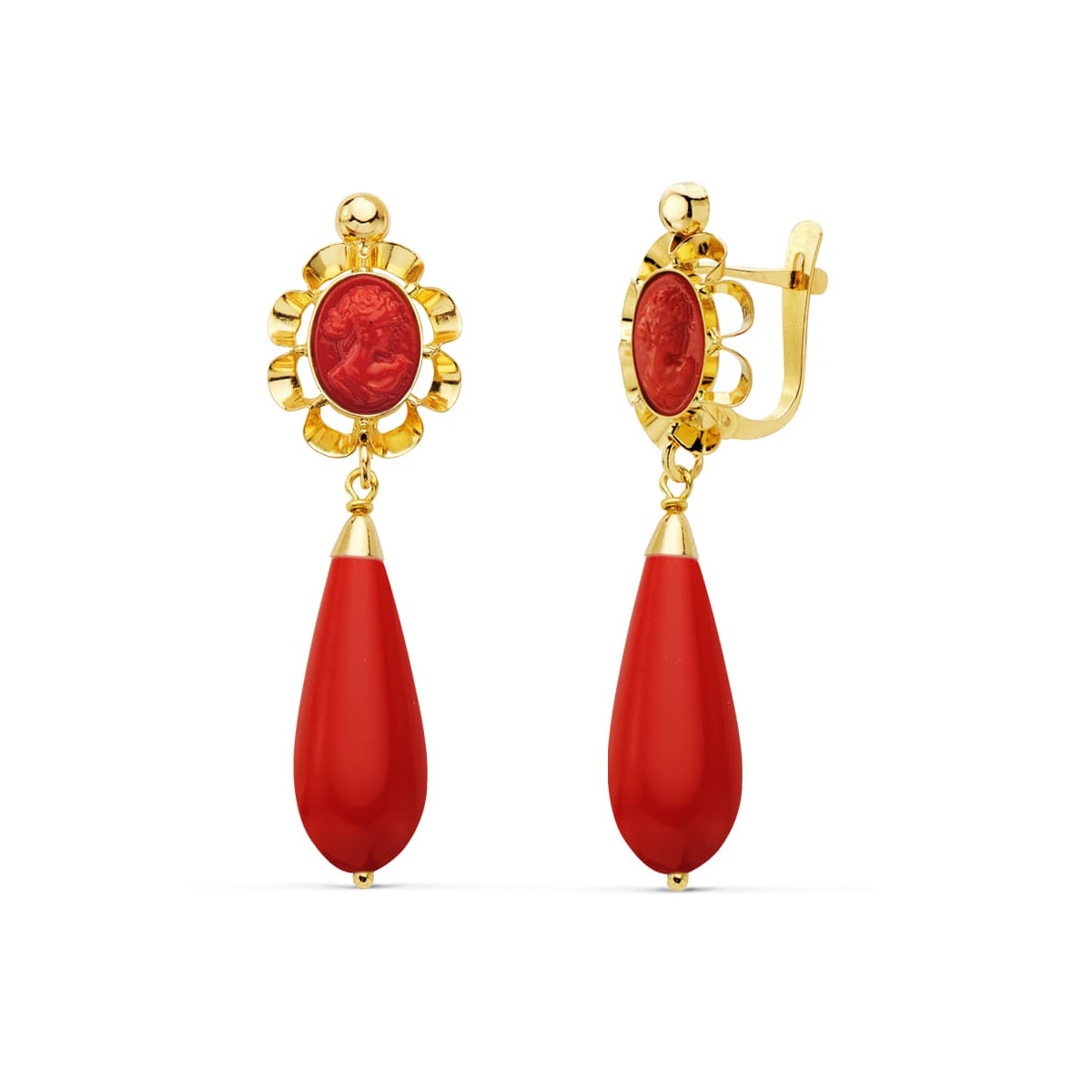 18K PENDIENTES CUBANAS ORO AMARILLO CORALINA CAMAFEO 38X10 MM CIERRE CATALÁN