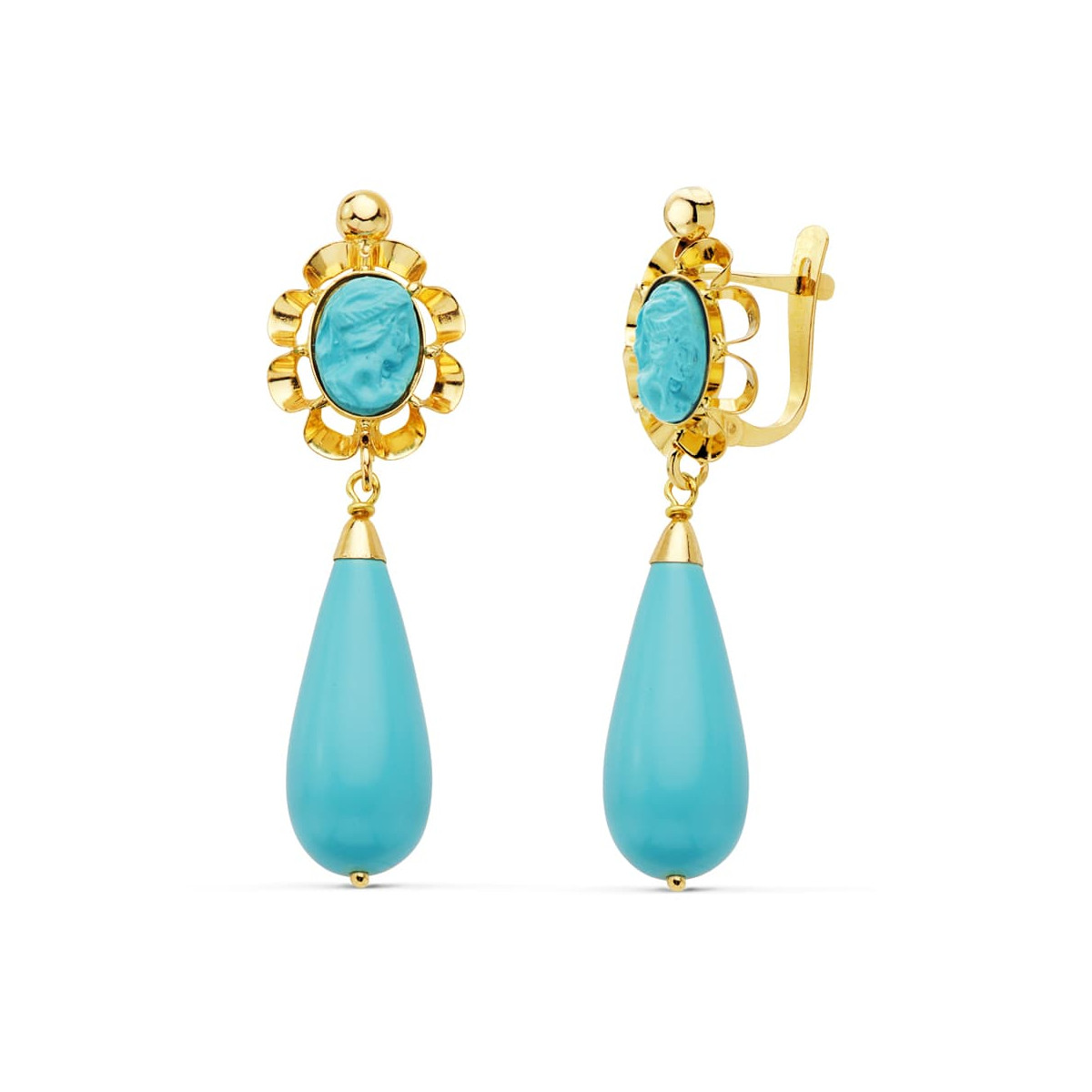 18K PENDIENTES CUBANAS ORO AMARILLO TURQUESA SINTETICA 38X10 M CIERRE CATALÁN