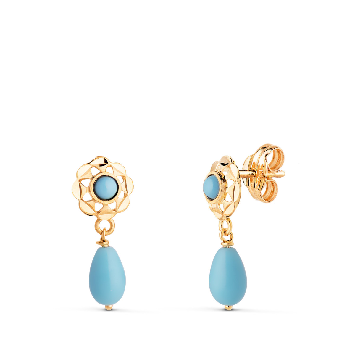 18K PENDIENTES ORO AMARILLO CUBANAS CON TURQUESA REDONDA Y LAGRIMA. 15X6 MM CIERRE PRESION