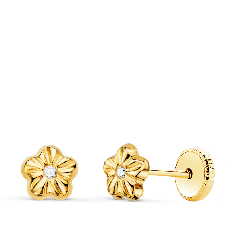 18K PENDIENTES ORO AMARILLO FLOR CON CIRCONITA 5 X 5 MM CIERRE TUERCA