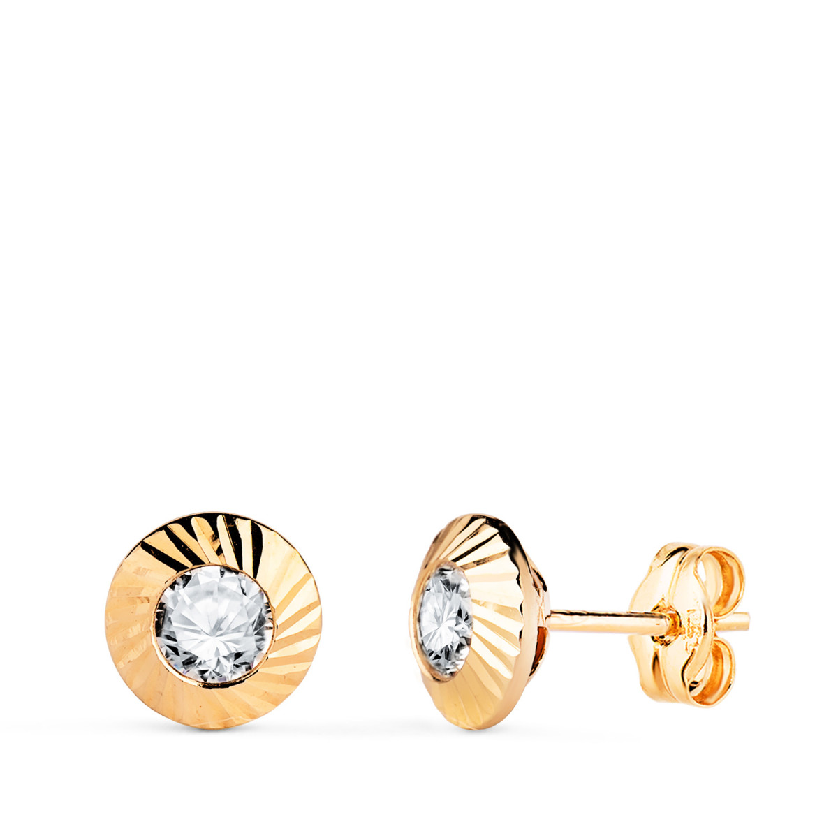 18K PENDIENTES ORO AMARILLO REDONDOS ORLA TALLADA CIRCONITA. MEDIDA: 7MM. CIERRE PRESION