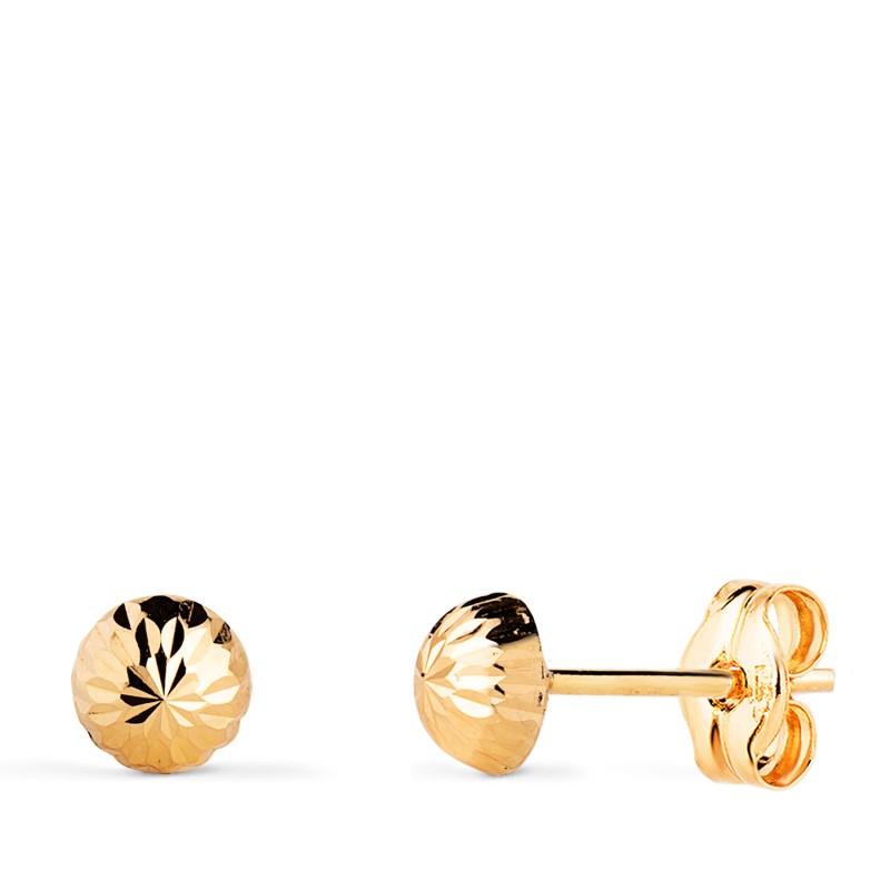 18K PENDIENTES ORO AMARILLO MEDIA BOLA TALLADA HUECA. ANCHO: 5 MM. CIERRE PRESION
