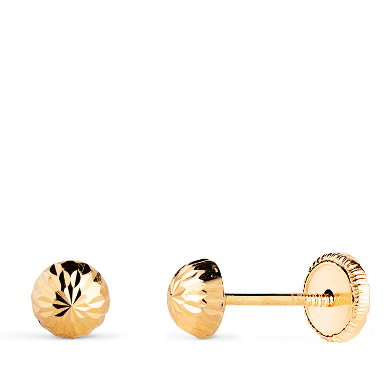 18K PENDIENTES ORO AMARILLO MEDIA BOLA TALLADA HUECA. ANCHO: 5 MM. CIERRE TUERCA