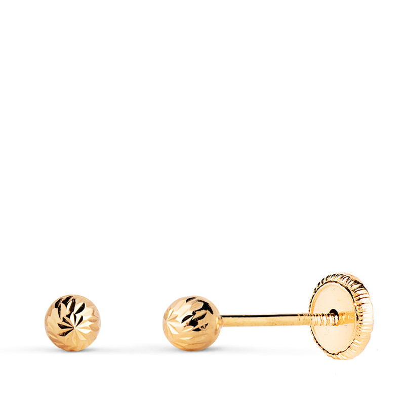 18K PENDIENTES ORO AMARILLO BOLA TALLADA HUECA. ANCHO: 3 MM. CIERRE TUERCA