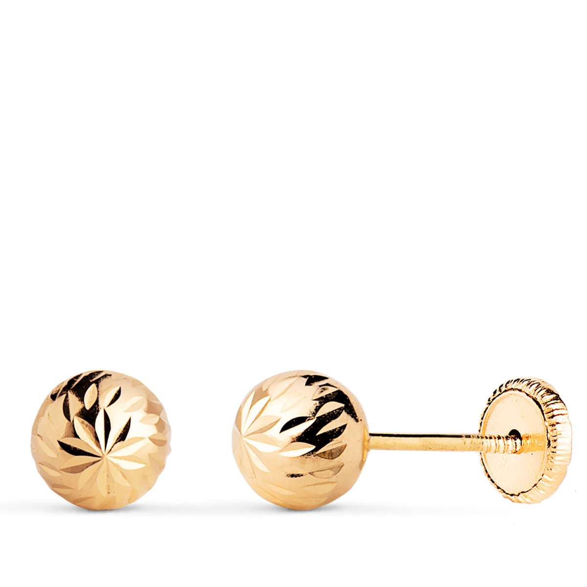 18K PENDIENTES ORO AMARILLO BOLA TALLADA HUECA. ANCHO: 6 MM. CIERRE TUERCA
