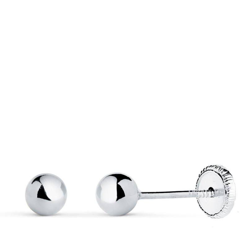18K PENDIENTES ORO BLANCO BOLA LISA BRILLA HUECA. ANCHO: 4 MM. CIERRE TUERCA