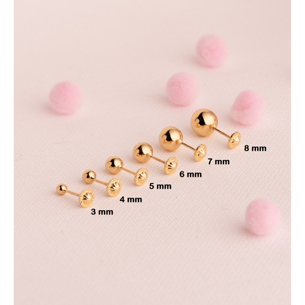18K PENDIENTES ORO AMARILLO BOLA LISA BRILLA HUECA. ANCHO: 5 MM. CIERRE TUERCA